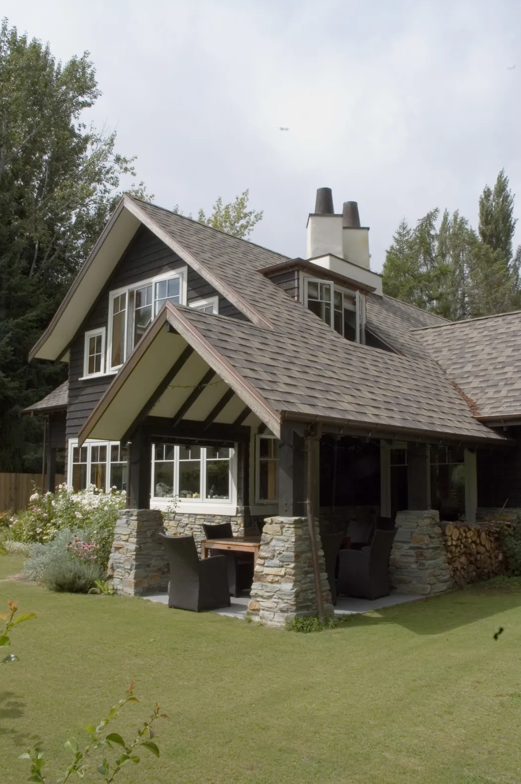 Davis Residence — covered stone porch and garden