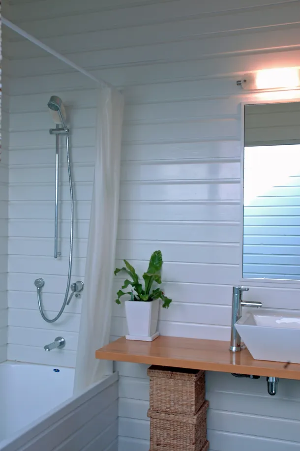 Earth House — bathroom with timber-lined walls