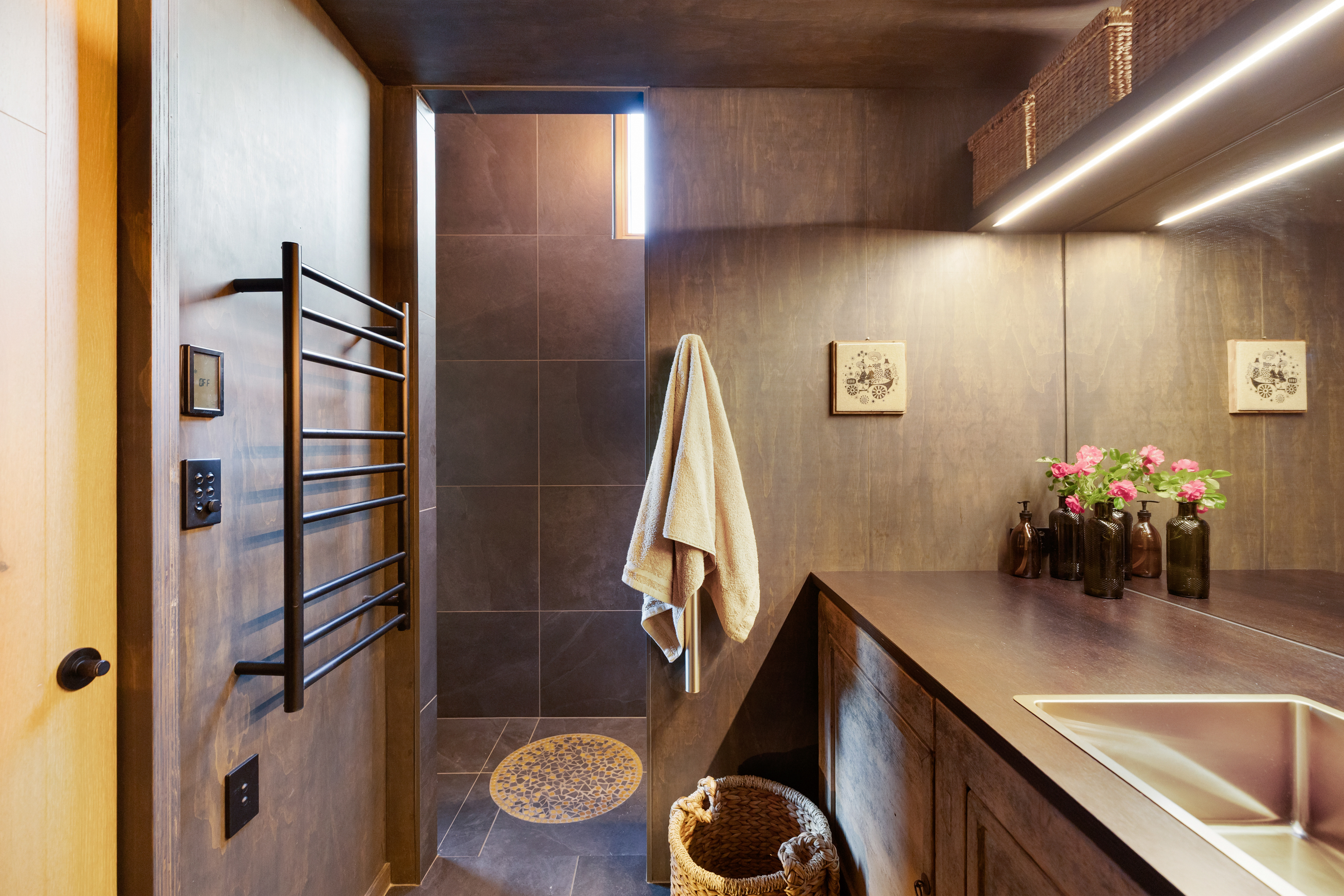 Garden House — tiled shower room with timber vanity