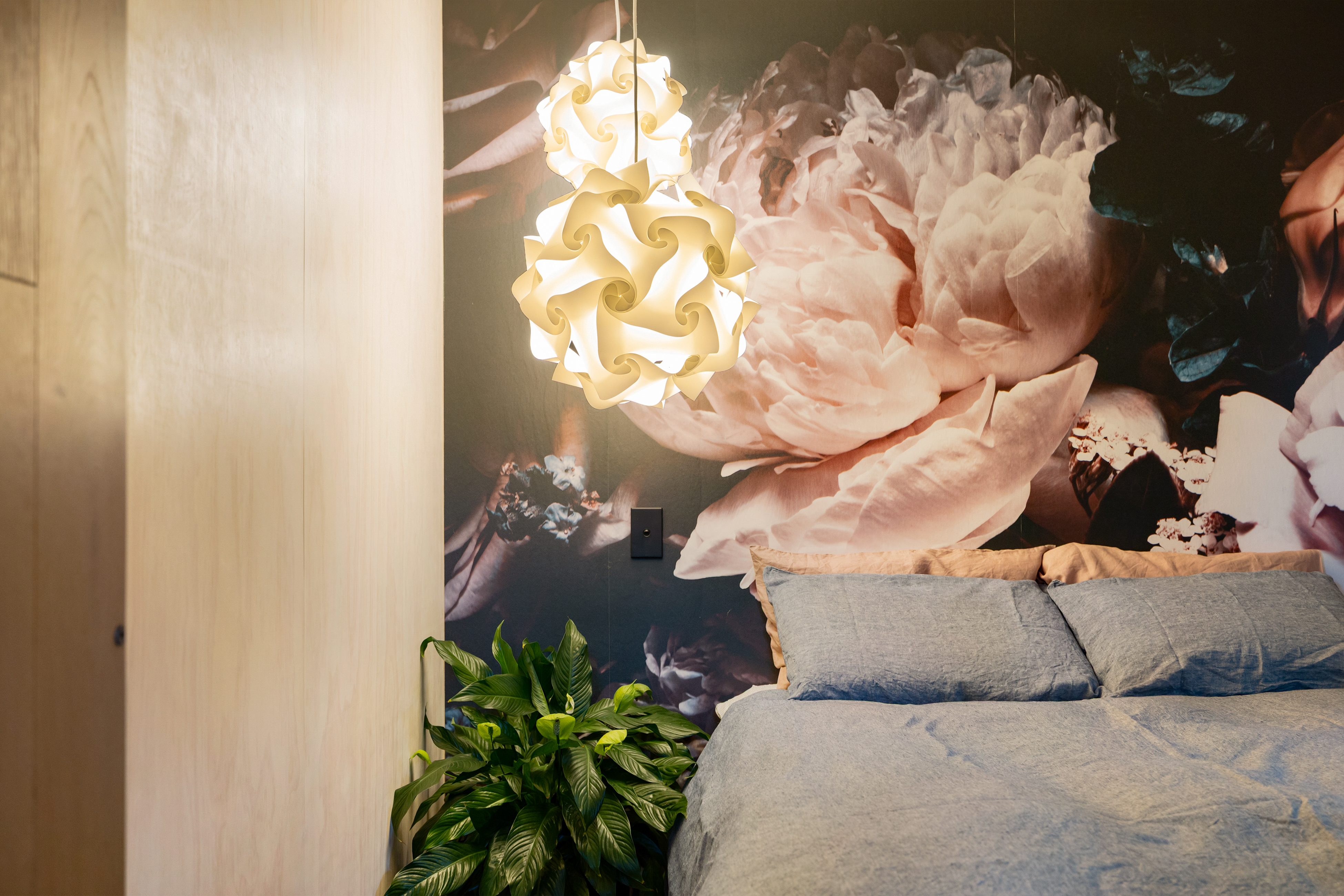 Garden House — bedroom with bold botanical wallpaper
