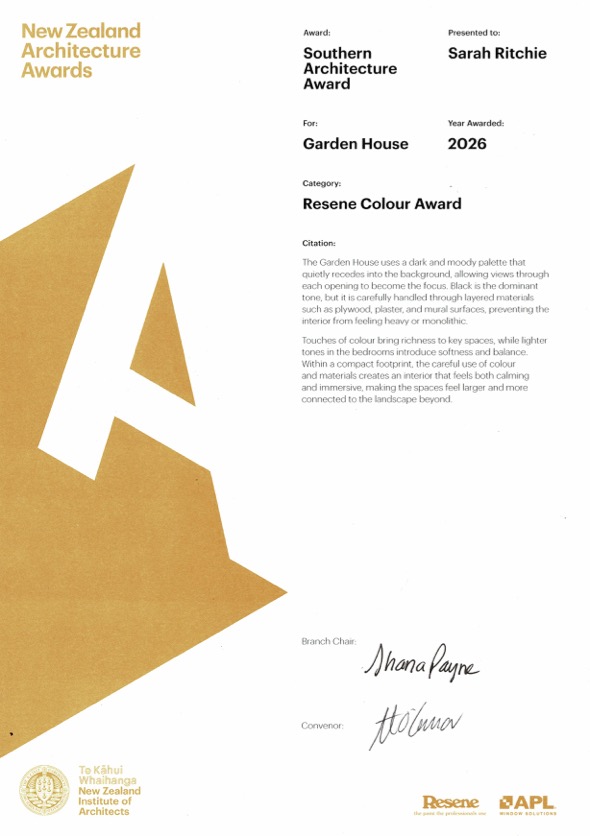 NZIA Southern Architecture Awards 2026 — Resene Colour Award certificate for Garden House