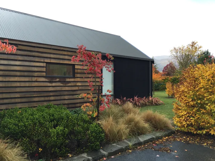 Speargrass Flat Residence — cedar weatherboard wall and planting