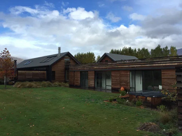 Speargrass Flat Residence — rear elevation with outdoor spa and poplars