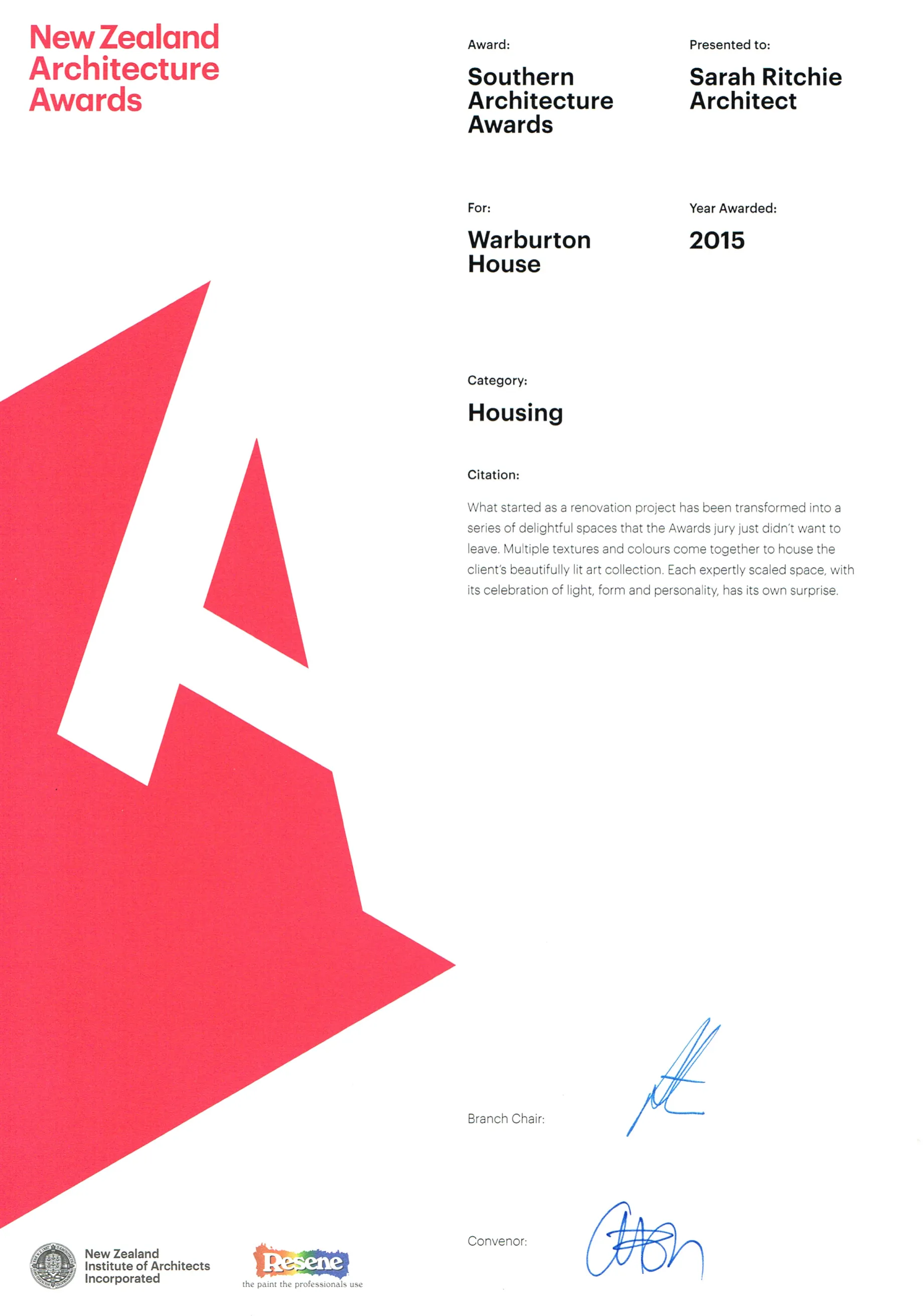 NZIA Southern Architecture Awards 2015 — Housing certificate for Warburton House