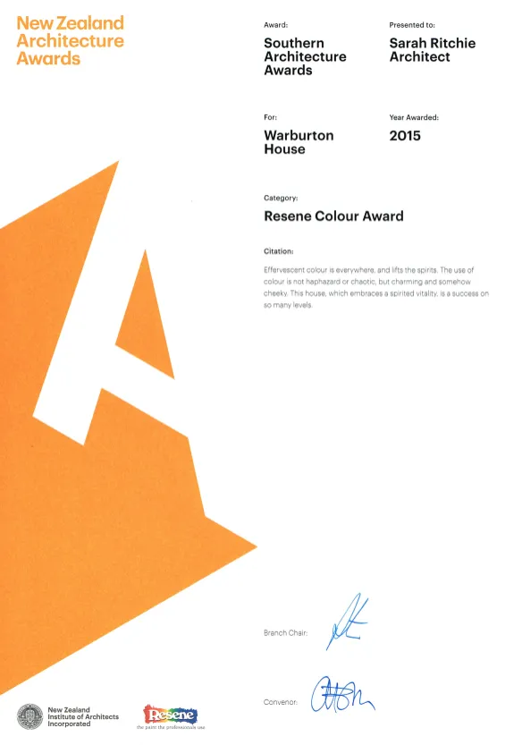 NZIA Southern Architecture Awards 2015 — Resene Colour Award certificate for Warburton House